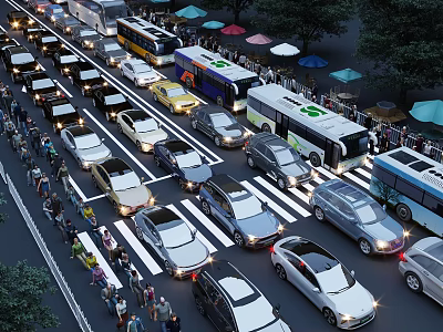 Urban Traffic Congestion In The City With Cars Buses Pedestrians 3d model