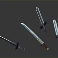 Various Designed Swords Featuring Different Hilts Blades And Blue Glow On Dark Reflective Background