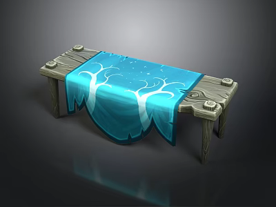Wooden Table With Blue Cloth Featuring White Tree And Star Patterns And Round Decorations 3d model