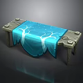 Wooden Table With Blue Cloth Featuring White Tree And Star Patterns And Round Decorations