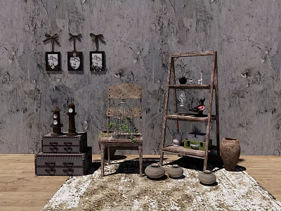 Rustic Wooden Shelf Unit With Decorative Items Woven Chair And Framed 3d model