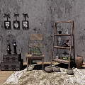 Rustic Wooden Shelf Unit With Decorative Items Woven Chair And Framed