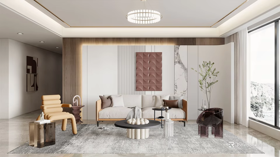 Elegant Modern Living Room Interior Design With Beige Sofa Gray Rug Minimalist Chandelier And Geometric Painting 3d model 