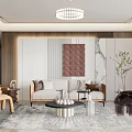 Elegant Modern Living Room Interior Design With Beige Sofa Gray Rug Minimalist Chandelier And Geometric Painting
