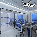 Modern Conference Room Interior With Hexagonal Ceiling Lights Blue Chairs And Large Screens 3d model
