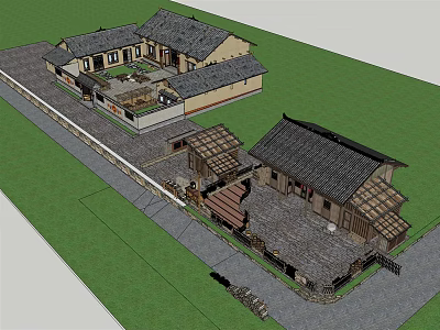 Chinese Traditional Architecture 3D Model With Courtyard Slate Ground And Wooden Roof Design 3d model
