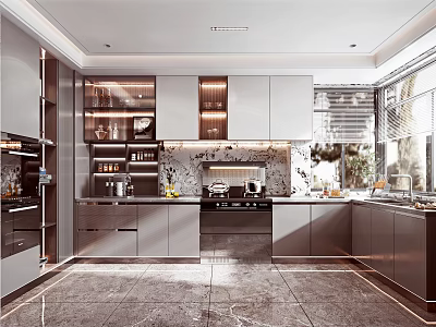 Modern Kitchen Interior Design Featuring Light Gray Cabinets Marble Island Countertops And Appliances 3d model