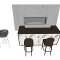 Modern Bar Counter With Marble Design And Fireplace And Bar Stools