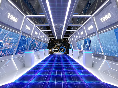 Futuristic Corridor With 1980 Displays Blue Lighting City Screens And Circular Door 3d model