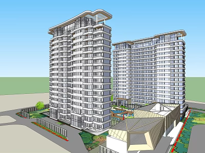 Modern High Rise Residential Building Complex With Green Landscaping And Community Facilities 3d model