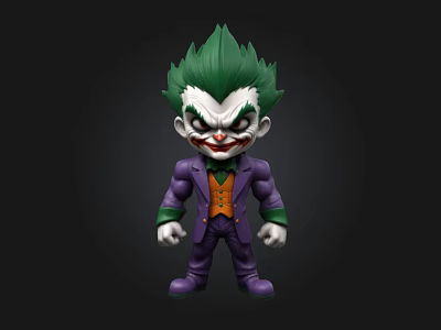 Cute Joker Action Figure With Green Hair Purple Coat And Orange Vest On Black Background 3d model