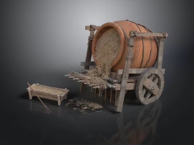 Ancient Wooden Cart With Large Barrel Filled With Grain And Scattered Grain Nearby Small Box 3d model