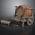 Ancient Wooden Cart With Large Barrel Filled With Grain And Scattered Grain Nearby Small Box
