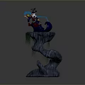 Man Sitting On Rock Base Holding Decorative Staff With Blue And Colorful Elements Green Moss