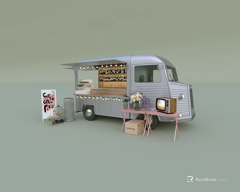 Silver Mobile Café Truck Serving Coffee and Pie with Open Side Table TV and Flowers 3d model 