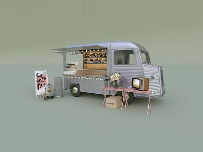Silver Mobile Café Truck Serving Coffee and Pie with Open Side Table TV and Flowers 3d model
