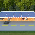 Charging Station with Canopy Green Trees and Cars Charging in Grass Area