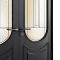 Stylish Double Doors With Arched Top Glass Panels Light And Black Finishes For Home Entry