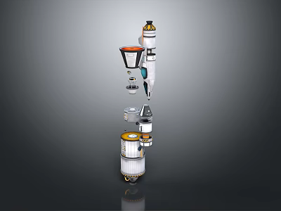 3D Rendered Mechanical Components Assorted Parts With Cylindrical Conical Shapes Vibrant Orange Accents 3d model