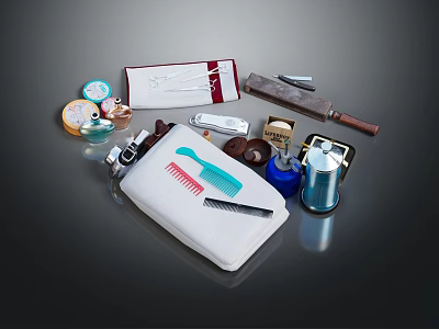 Professional Grooming Equipment Set With Comb Razor Brush Bottle And Storage Pouch 3d model