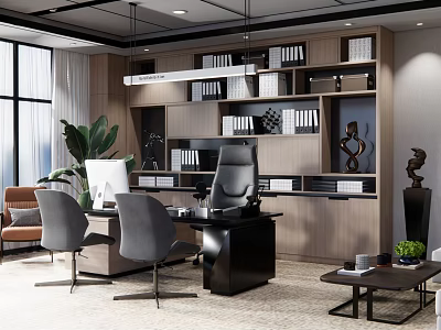 Modern Office Interior Design With Desk Chairs Wooden Bookshelves And Green Plants 3d model