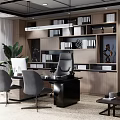 Modern Office Interior Design With Desk Chairs Wooden Bookshelves And Green Plants