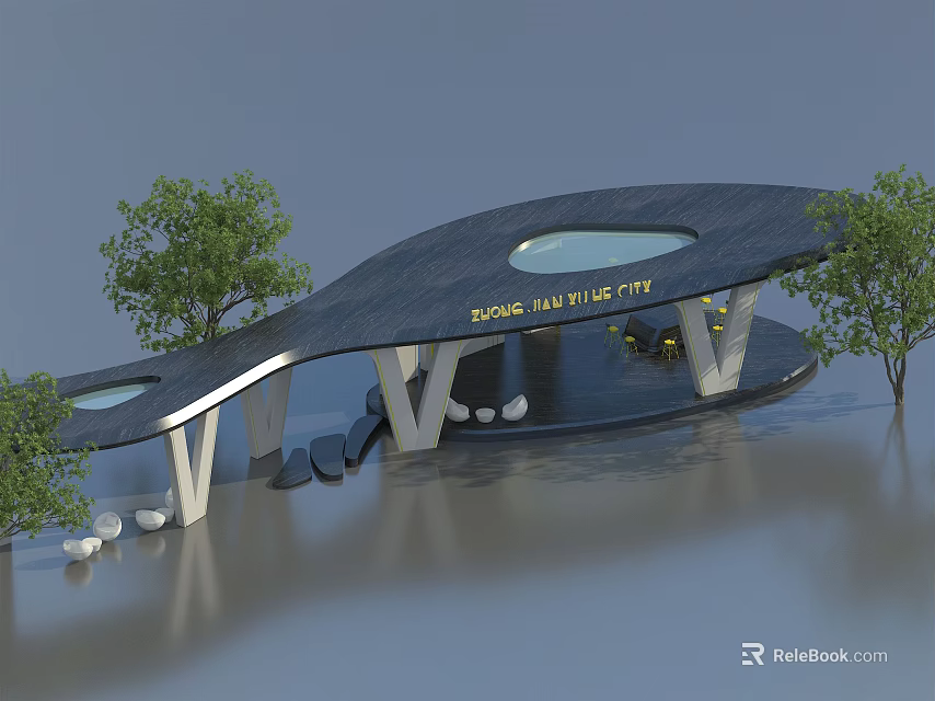 Modern Pergola Design With Trees Seating Area And Water Surroundings 3d model 