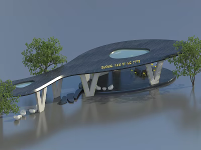 Modern Pergola Design With Trees Seating Area And Water Surroundings 3d model