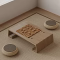 Minimalist Room Corner Wooden Low Coffee Table Board Game Round Cushions On Woven Rug