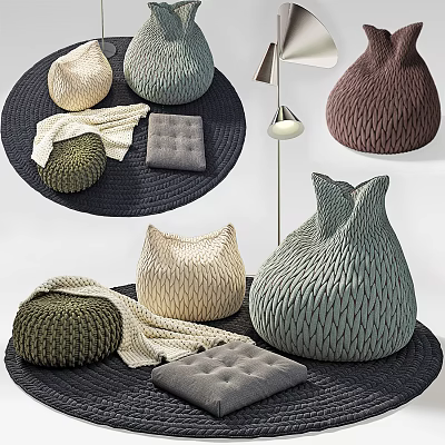 Modern Stool Rattan Stool Bag Blanket Combination 3d model