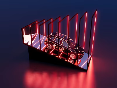 Modern Car Display With Red Neon Lights And Sleek Frame Structure 3d model