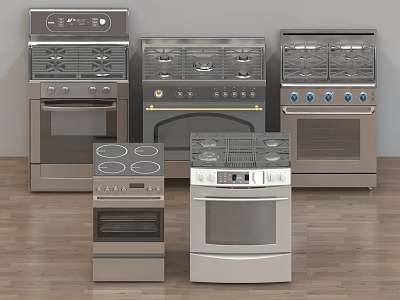 Various Stainless Steel Kitchen Appliances with Gas and Electric Stoves Ovens on Wooden Floor 3d model