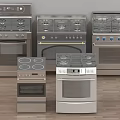 Various Stainless Steel Kitchen Appliances with Gas and Electric Stoves Ovens on Wooden Floor