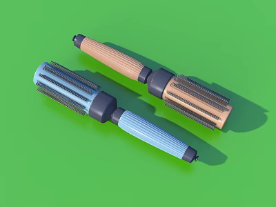 Two Stylish Hair Roller Brushes As Daily Life Products With Wooden And Blue Ribbed Handles 3d model