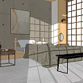 Modern Double Bed In Bedroom With Concrete Wall Abstract Painting And Bench