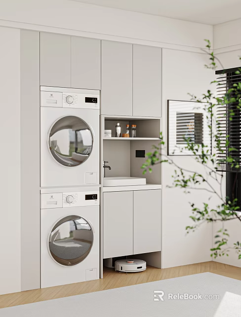 Modern Balcony Cabinet with Stacked Washer Dryer Sink and Storage Near Window with Green Plant 3d model 