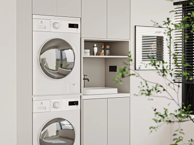 Modern Balcony Cabinet with Stacked Washer Dryer Sink and Storage Near Window with Green Plant 3d model