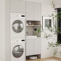 Modern Balcony Cabinet with Stacked Washer Dryer Sink and Storage Near Window with Green Plant