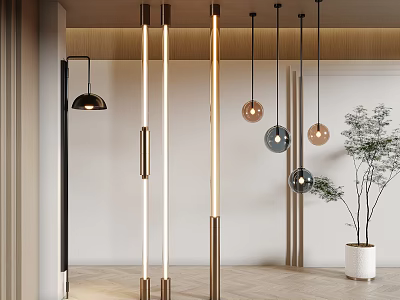 Modern Lighting Combination With Vertical Floor Lamps And Round Pendant Lights In Interior Space 3d model