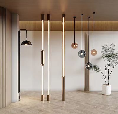 Modern Lighting Combination With Vertical Floor Lamps And Round Pendant Lights In Interior Space 3d model