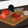 Fresh Vegetables Tomatoes Eggplant Chili Peppers and Garlic on Wooden Cutting Board by Kitchen Window