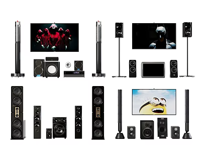 Premium Audio Speakers And Home Theater Surround Sound Systems With Various Sizes And TV Setup 3d model