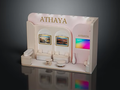 Athaya Exhibition Booth With Pink Design Sofa Side Tables Wall Art And Colorful Screen 3d model