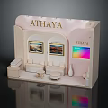 Athaya Exhibition Booth With Pink Design Sofa Side Tables Wall Art And Colorful Screen