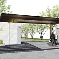 Elegant Entrance Gate Design With Marble Walls Wooden Canopy Trees And People Walking Nearby