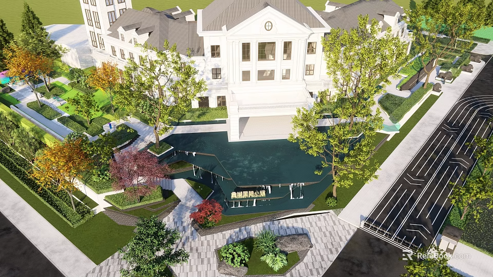 Scenic Feature Wall Landscape Design With Surrounding Greenery And Water Feature 3d model 