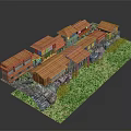 Traditional Wooden Buildings With Orange Roofs Green Grass And Rock Landscaping