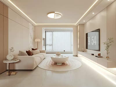 Modern Living Dining Room With Beige Sofa Round Coffee Table Rug TV Lighting And Plants 3d model