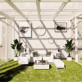 White Glass Enclosed Building With Green Grass Blue Sky And Indoor Plants Furniture