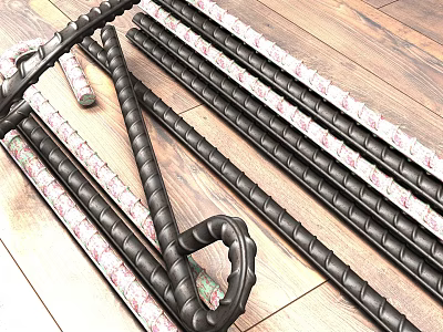 Black Decorative Rods With Wrapped Ends On Wooden Floor Surface 3d model Black Decorative Rods With Wrapped Ends On Wooden Floor Surface 3d model